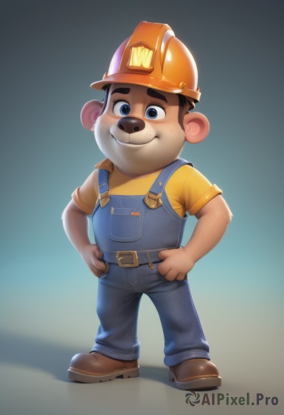 solo,looking at viewer,smile,short hair,blue eyes,simple background,brown hair,shirt,1boy,hat,animal ears,closed mouth,standing,full body,short sleeves,male focus,shoes,belt,pants,gradient,gradient background,brown footwear,thick eyebrows,suspenders,helmet,furry,freckles,hands on hips,yellow shirt,overalls,furry male,yellow headwear,boots,facial hair,denim,buckle,realistic,hands in pockets,orange shirt,bear ears,blue overalls