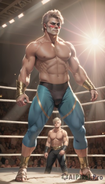 short hair,blonde hair,brown hair,navel,jewelry,closed mouth,nipples,full body,male focus,thighs,multiple boys,pants,artist name,2boys,bracelet,mask,muscular,facial hair,thick thighs,abs,sandals,thick eyebrows,pectorals,muscular male,spiked hair,wristband,bara,clenched hands,large pectorals,bulge,topless male,mature male,blue pants,tight,manly,leggings,facial tattoo,biceps,crowd,tight pants,stage,wrestling outfit,spotlight,thick arms,stadium,wrestling ring,veiny arms,looking at viewer,1boy,closed eyes,teeth,solo focus,facial mark,facepaint,chest hair