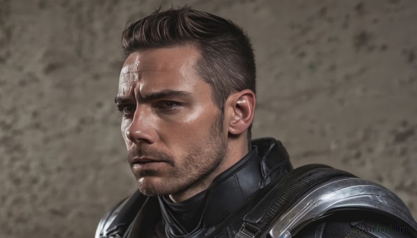 solo,short hair,brown hair,black hair,1boy,brown eyes,closed mouth,upper body,male focus,armor,facial hair,scar,shoulder armor,portrait,beard,scar on face,pauldrons,realistic,stubble,manly,looking to the side,sideburns,scar across eye,very short hair