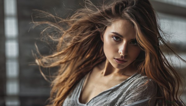 1girl,solo,long hair,looking at viewer,smile,blue eyes,blonde hair,brown hair,closed mouth,collarbone,upper body,blurry,lips,grey eyes,eyelashes,window,floating hair,depth of field,blurry background,wind,messy hair,freckles,realistic,nose,brown eyes,makeup,portrait