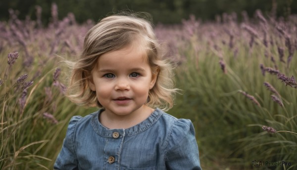 1girl,solo,looking at viewer,short hair,open mouth,blonde hair,brown hair,shirt,dress,upper body,flower,outdoors,parted lips,blurry,lips,grey eyes,depth of field,blurry background,blue dress,grass,blue shirt,wind,child,realistic,blue eyes,bug