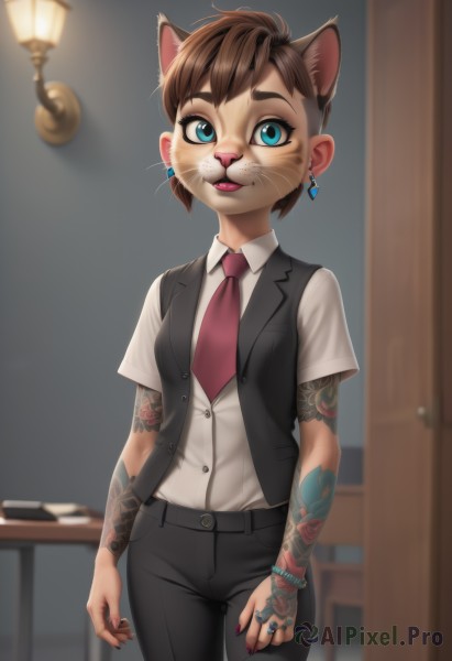 1girl,solo,looking at viewer,smile,short hair,bangs,blue eyes,brown hair,shirt,animal ears,jewelry,standing,white shirt,short sleeves,cowboy shot,earrings,necktie,tongue,collared shirt,pants,artist name,indoors,cat ears,tongue out,nail polish,blurry,vest,lips,tattoo,makeup,:3,depth of field,blurry background,watermark,black pants,ring,thick eyebrows,red necktie,furry,desk,freckles,black vest,furry female,lamp,arm tattoo,animal nose,grey vest,closed mouth,bracelet,book,buttons,wing collar,black nails,extra ears,very short hair,chalkboard,coin,open vest,waistcoat,neck tattoo