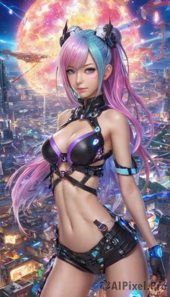 1girl,solo,long hair,breasts,looking at viewer,bangs,blue eyes,hair ornament,gloves,navel,cleavage,bare shoulders,medium breasts,blue hair,standing,pink hair,purple hair,multicolored hair,cowboy shot,outdoors,shorts,black gloves,midriff,belt,fingerless gloves,two-tone hair,lips,short shorts,tattoo,gradient hair,makeup,headgear,facial mark,black shorts,moon,building,science fiction,city,realistic,aircraft,cityscape,spacecraft,city lights,cyberpunk,helicopter,smile,large breasts,jewelry,closed mouth,swimsuit,bikini,sky,signature,stomach,nail polish,aqua eyes,two side up,aqua hair,night,watermark,ass visible through thighs,revealing clothes,bikini top only,full moon,zipper,contrapposto,nose,arm strap,planet,skull hair ornament