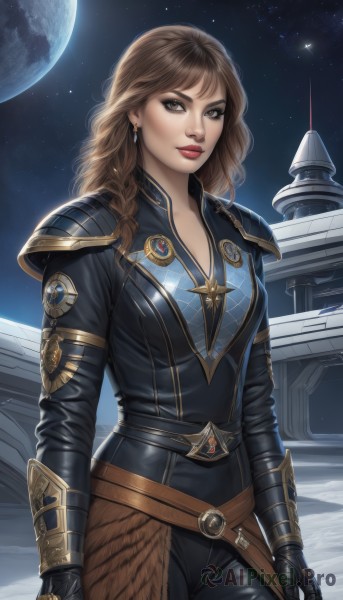 1girl,solo,long hair,breasts,looking at viewer,brown hair,gloves,cleavage,brown eyes,jewelry,medium breasts,standing,cowboy shot,earrings,sky,black gloves,belt,armor,lips,bodysuit,makeup,night,moon,lipstick,shoulder armor,gauntlets,star (sky),night sky,starry sky,pauldrons,realistic,nose,arms at sides,red lips,space,leather,planet,earth (planet),braid