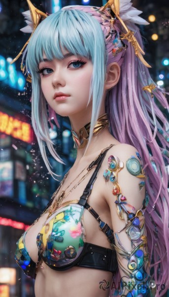 1girl,solo,long hair,breasts,looking at viewer,bangs,blue eyes,hair ornament,cleavage,bare shoulders,jewelry,medium breasts,closed mouth,underwear,blue hair,swimsuit,upper body,pink hair,purple hair,bikini,multicolored hair,outdoors,parted lips,choker,blunt bangs,necklace,bra,blurry,from side,two-tone hair,lips,eyelashes,aqua hair,gradient hair,makeup,depth of field,blurry background,bikini top only,science fiction,pink lips,realistic,nose,cyberpunk,sidelocks,artist name,signature,armor,night,watermark,arms behind back,feathers,gem,armlet,bokeh,mascara