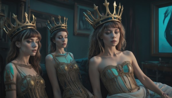 long hair,breasts,bangs,blue eyes,multiple girls,brown hair,black hair,dress,bare shoulders,brown eyes,jewelry,sitting,collarbone,upper body,small breasts,parted lips,sleeveless,indoors,3girls,blunt bangs,necklace,lips,bed,tattoo,wavy hair,crown,corset,realistic,painting (object),portrait (object),looking at viewer,dark