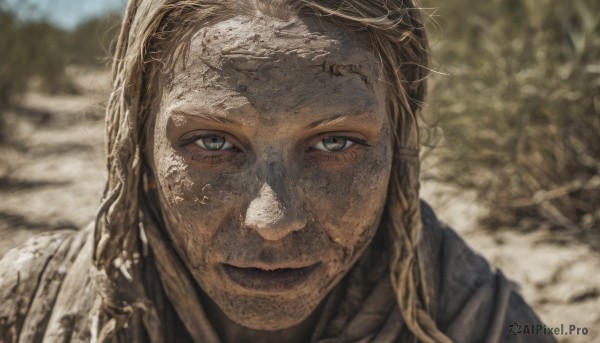 solo,looking at viewer,smile,blue eyes,blonde hair,brown hair,1boy,closed mouth,male focus,outdoors,day,blurry,grey eyes,blurry background,portrait,realistic,dirty,dirty face,armor