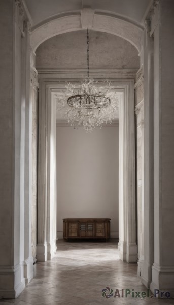 monochrome,indoors,no humans,window,scenery,stairs,door,light,wall,pillar,ceiling,hallway,arch,chandelier,column,wooden floor,tiles,tile floor,reflective floor