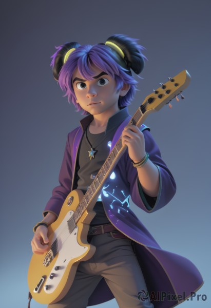 solo,looking at viewer,short hair,simple background,shirt,long sleeves,1boy,holding,jewelry,closed mouth,blue hair,standing,jacket,purple hair,male focus,multicolored hair,cowboy shot,open clothes,belt,pants,necklace,star (symbol),black eyes,bracelet,coat,gradient,black shirt,gradient background,glowing,blue background,thick eyebrows,instrument,buckle,pendant,belt buckle,music,guitar,brown belt,brown pants,playing instrument,holding instrument,star necklace,brown eyes,personification