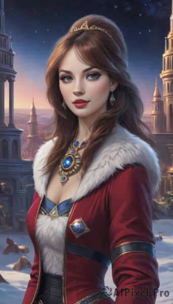 1girl,solo,long hair,breasts,looking at viewer,blue eyes,brown hair,long sleeves,cleavage,jewelry,medium breasts,upper body,earrings,outdoors,parted lips,open clothes,sky,signature,necklace,lips,coat,grey eyes,fur trim,makeup,night,tiara,crown,lipstick,gem,star (sky),night sky,corset,snow,starry sky,red lips,red coat,castle,bangs,jacket,ponytail,solo focus,parted bangs,building,red jacket,pendant,fur collar,realistic