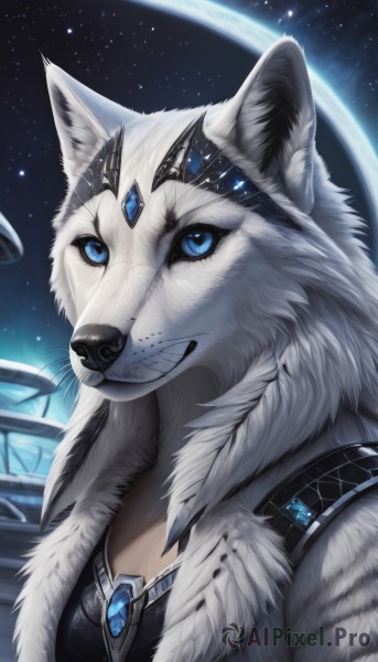 1girl,solo,breasts,looking at viewer,smile,blue eyes,animal ears,jewelry,upper body,white hair,open clothes,sky,artist name,signature,fur trim,night,scar,gem,star (sky),night sky,scar on face,furry,starry sky,fur collar,circlet,scar across eye,furry female,white fur,animal nose,wolf,snout,necklace,no humans,animal,moon