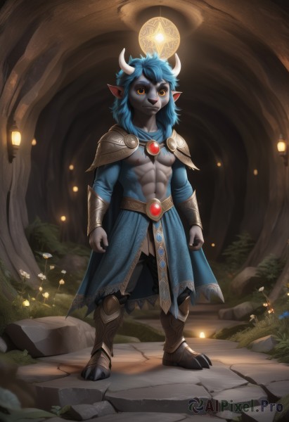 solo,long hair,1boy,navel,jewelry,closed mouth,nipples,blue hair,standing,full body,yellow eyes,male focus,boots,horns,pointy ears,artist name,signature,armor,orange eyes,muscular,glowing,colored skin,abs,pectorals,shoulder armor,furry,clenched hands,colored sclera,pauldrons,furry male,grey skin,hooves,looking at viewer,animal ears,flower,teeth,cape,topless male,lantern,rock,blue skin,armored boots,lamp