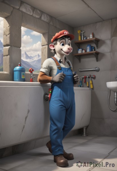 mario,solo,smile,open mouth,blue eyes,shirt,gloves,long sleeves,1boy,hat,animal ears,standing,full body,white shirt,male focus,outdoors,sky,shoes,teeth,day,collared shirt,cloud,indoors,blue sky,brown footwear,red headwear,furry,mountain,overalls,furry male,blue overalls,brown hair,facial hair,realistic,mustache