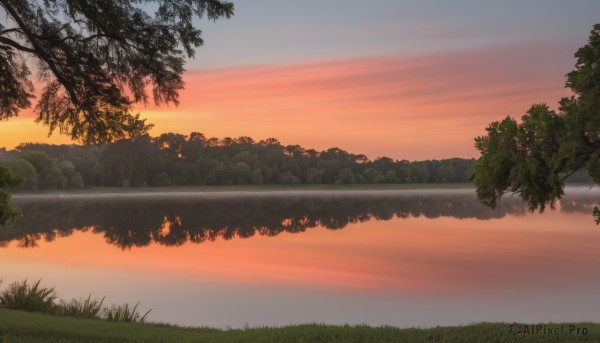 outdoors,sky,cloud,water,tree,no humans,grass,plant,nature,scenery,forest,reflection,sunset,horizon,river,evening,landscape,lake,gradient sky,orange sky,twilight,reflective water