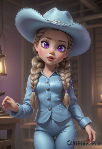 1girl,solo,long hair,breasts,looking at viewer,blush,open mouth,blonde hair,brown hair,shirt,long sleeves,hat,twintails,standing,purple eyes,braid,cowboy shot,small breasts,parted lips,teeth,pants,artist name,indoors,blurry,twin braids,lips,eyelashes,buttons,depth of field,blurry background,thigh gap,table,thick eyebrows,blue shirt,hair over shoulder,forehead,blue headwear,freckles,pocket,hair tie,blue pants,red lips,female child,lamp,cowboy hat,wooden chair,collared shirt,makeup,watermark,web address,pajamas,nose,breast pocket,cowboy western