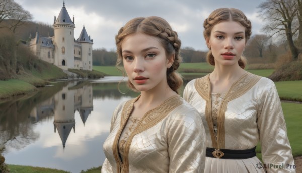 long hair,breasts,looking at viewer,multiple girls,brown hair,dress,2girls,brown eyes,upper body,braid,outdoors,parted lips,sky,day,belt,cloud,water,white dress,tree,lips,siblings,grass,sisters,building,scenery,freckles,reflection,twins,mountain,realistic,river,castle,lake,1girl,mole,cloudy sky,nature,fantasy,red lips,crown braid,fog