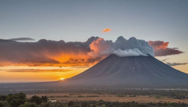 A landscape amidst a idyllic sunset outdoors