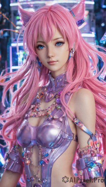 1girl,solo,long hair,breasts,looking at viewer,blue eyes,animal ears,cleavage,bare shoulders,jewelry,medium breasts,upper body,pink hair,earrings,parted lips,necklace,blurry,lips,clothing cutout,gem,realistic,cone hair bun,hair ornament,armor