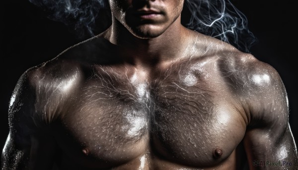 solo,simple background,black hair,1boy,closed mouth,nipples,collarbone,upper body,male focus,nude,shiny,dark skin,lips,shiny skin,muscular,facial hair,dark-skinned male,pectorals,muscular male,black background,bara,facing viewer,beard,large pectorals,veins,realistic,head out of frame,chest hair,pectoral focus,short hair,abs,close-up,mature male,stubble,bare pectorals,body hair