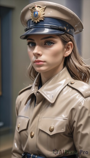 1girl,solo,long hair,looking at viewer,blue eyes,blonde hair,brown hair,shirt,hat,closed mouth,jacket,upper body,belt,blurry,uniform,lips,grey eyes,military,military uniform,buttons,blurry background,peaked cap,pocket,military hat,realistic,nose,breast pocket,badge,military jacket,medal,world war ii,indoors,eyelashes,makeup,buckle,brown jacket,belt buckle,pink lips