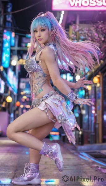 1girl,solo,long hair,breasts,looking at viewer,smile,bangs,blue eyes,skirt,jewelry,medium breasts,underwear,blue hair,standing,swimsuit,full body,pink hair,bikini,multicolored hair,hairband,earrings,shoes,midriff,nail polish,bra,blurry,bracelet,from side,two-tone hair,lips,tattoo,gradient hair,blurry background,piercing,leg up,ring,standing on one leg,sneakers,bikini top only,realistic,purple footwear,navel piercing,neon lights,purple eyes,outdoors,see-through,night,watermark,cyberpunk