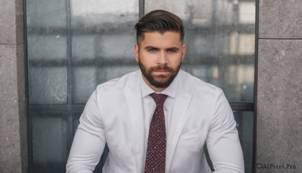 solo,looking at viewer,short hair,brown hair,shirt,black hair,1boy,closed mouth,white shirt,upper body,male focus,necktie,collared shirt,indoors,muscular,facial hair,formal,red necktie,bara,beard,mature male,realistic,mustache,labcoat,undercut,jacket,open clothes,white jacket,suit,pectorals,muscular male