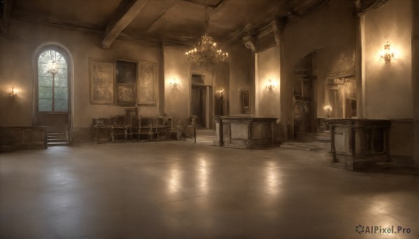 HQ,indoors,water,book,no humans,window,night,chair,table,scenery,reflection,stairs,door,light,lamp,candle,stool,painting (object),ceiling,hallway,candlestand,ceiling light,reflective floor,chandelier,plant,wooden floor,vase,torch,fireplace,wooden chair