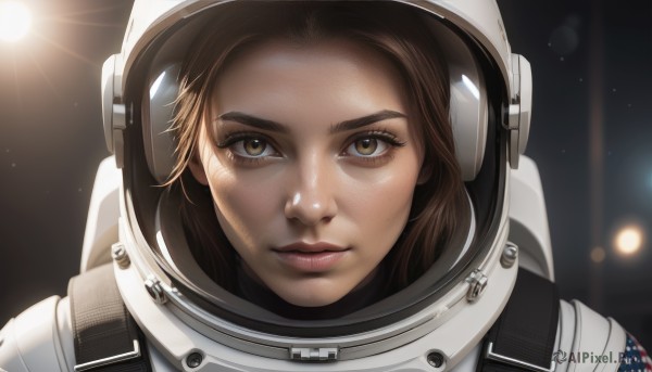 1girl,solo,looking at viewer,brown hair,brown eyes,closed mouth,blurry,lips,eyelashes,blurry background,helmet,portrait,lens flare,freckles,reflection,realistic,nose,sun,space,american flag,spacesuit,space helmet,astronaut,close-up,forehead,backlighting,serious,light,straight-on,planet