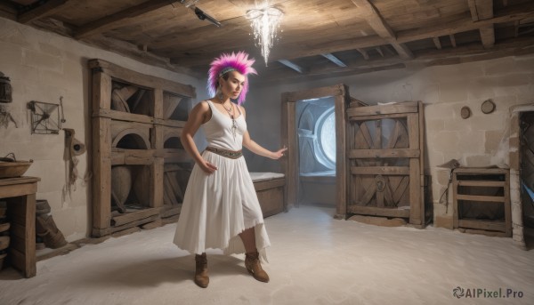 1girl,solo,smile,short hair,dress,bare shoulders,jewelry,closed mouth,standing,full body,pink hair,purple hair,earrings,boots,sleeveless,belt,indoors,dark skin,necklace,white dress,bare arms,brown footwear,spiked hair,barrel,crate,long hair,breasts,weapon,hand on hip,window,knife,realistic,dreadlocks