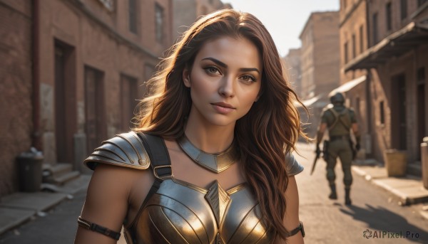 1girl,long hair,looking at viewer,brown hair,1boy,holding,brown eyes,closed mouth,upper body,weapon,outdoors,solo focus,day,holding weapon,armor,blurry,lips,gun,depth of field,blurry background,shoulder armor,building,holding gun,walking,pauldrons,breastplate,city,realistic,nose,soldier,sword,shadow,sunlight,armlet