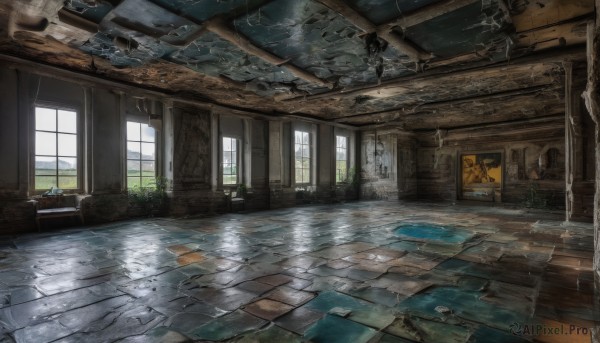 day,indoors,water,no humans,window,chair,sunlight,plant,scenery,reflection,stairs,door,wall,tile floor,ruins,pillar,overgrown,broken window,table,desk,rain,wooden floor,tiles,broken,puddle,broken glass