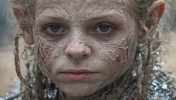 1girl,solo,looking at viewer,brown hair,1boy,brown eyes,closed mouth,braid,male focus,pointy ears,blurry,lips,blurry background,portrait,close-up,realistic,blonde hair,eyelashes,depth of field,nose