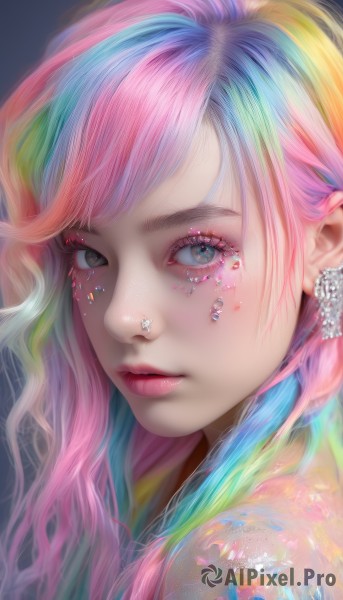 1girl,solo,long hair,looking at viewer,bangs,simple background,jewelry,closed mouth,blue hair,upper body,pink hair,multicolored hair,earrings,from side,lips,grey eyes,eyelashes,aqua hair,gradient hair,makeup,swept bangs,piercing,lipstick,portrait,close-up,eyeshadow,freckles,pink lips,multicolored eyes,realistic,nose,red lips,eyeliner,colorful,mascara,nose piercing,rainbow hair,blue eyes,artist name,tattoo,watermark,wavy hair,gem,ear piercing,web address,pearl (gemstone)