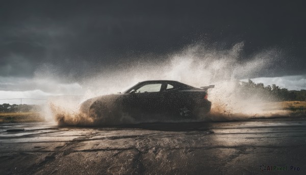 outdoors,sky,cloud,no humans,cloudy sky,fire,ground vehicle,scenery,motor vehicle,smoke,car,road,vehicle focus,grey sky,dust,tree,sports car