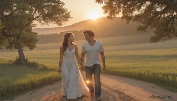 1girl,long hair,breasts,smile,short hair,brown hair,shirt,1boy,dress,bare shoulders,closed eyes,white shirt,hetero,outdoors,sleeveless,pants,dark skin,white dress,looking at another,tree,holding hands,sandals,grass,couple,t-shirt,scenery,walking,sunset,sundress,fireworks,black hair,holding,cleavage,jewelry,eye contact,road