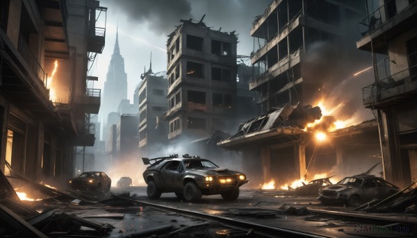 HQ,outdoors,sky,cloud,no humans,fire,ground vehicle,building,scenery,motor vehicle,smoke,city,car,road,explosion,ruins,vehicle focus,lamppost,street,skyscraper,debris,destruction,weapon,gun,battle,firing,truck