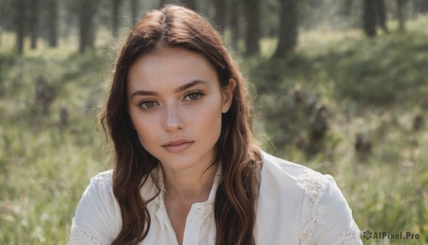 1girl,solo,long hair,looking at viewer,brown hair,shirt,brown eyes,closed mouth,white shirt,upper body,outdoors,parted lips,day,collared shirt,blurry,tree,lips,depth of field,blurry background,wavy hair,portrait,nature,forest,freckles,curly hair,realistic,nose,smile