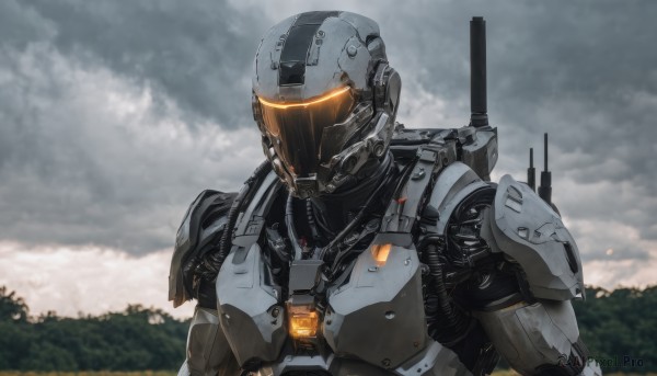 solo,1boy,upper body,male focus,outdoors,sky,cloud,armor,tree,no humans,glowing,helmet,cloudy sky,robot,nature,mecha,forest,science fiction,power armor,weapon,blurry,realistic,humanoid robot