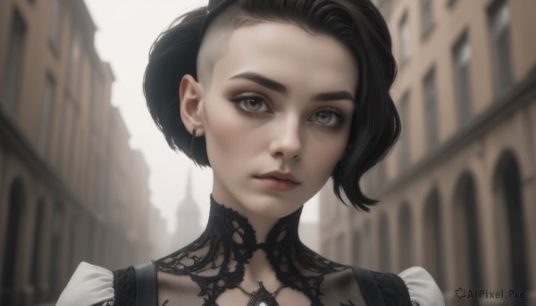 1girl,solo,looking at viewer,short hair,black hair,brown eyes,jewelry,closed mouth,earrings,outdoors,day,blurry,lips,grey eyes,depth of field,blurry background,portrait,asymmetrical hair,realistic,parted lips,eyelashes,building,freckles,nose