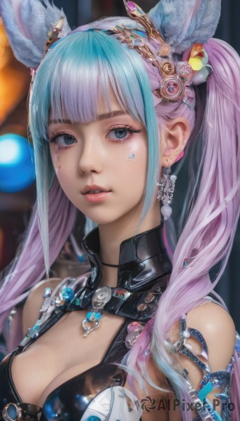 1girl,solo,long hair,breasts,looking at viewer,bangs,blue eyes,hair ornament,animal ears,cleavage,bare shoulders,twintails,jewelry,medium breasts,blue hair,upper body,pink hair,multicolored hair,earrings,parted lips,teeth,shiny,blunt bangs,blurry,two-tone hair,lips,animal ear fluff,grey eyes,eyelashes,aqua hair,gradient hair,makeup,blurry background,fake animal ears,facial mark,eyeshadow,realistic,nose,mascara,large breasts,purple hair,sidelocks,hairband,nail polish,rabbit ears,piercing,pink lips