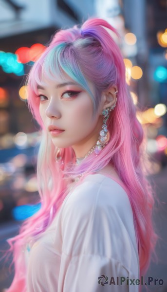 1girl,solo,long hair,breasts,looking at viewer,bangs,shirt,jewelry,closed mouth,blue hair,white shirt,upper body,ponytail,pink hair,multicolored hair,earrings,parted lips,necklace,blurry,from side,two-tone hair,lips,streaked hair,see-through,looking to the side,grey eyes,eyelashes,makeup,depth of field,blurry background,piercing,lipstick,ear piercing,eyeshadow,realistic,nose,bokeh,mascara,brown eyes,outdoors,choker,artist name,gradient hair,night,watermark,gem,eyeliner