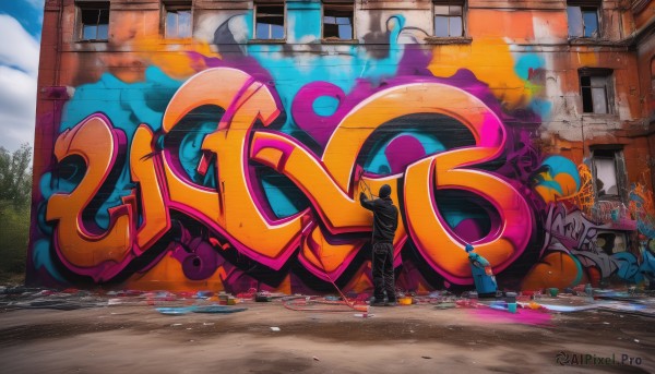 1girl,solo,1boy,jacket,outdoors,sky,shoes,day,pants,cloud,hood,tree,window,mask,cloudy sky,building,sneakers,smoke,city,road,wall,street,paint splatter,paint,graffiti,spray can,paint splatter on face,standing,male focus,blue sky,skateboard