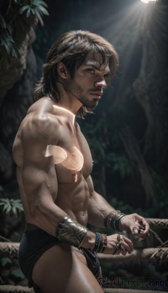 solo,looking at viewer,short hair,brown hair,black hair,1boy,navel,brown eyes,jewelry,underwear,nipples,male focus,cowboy shot,outdoors,medium hair,necklace,stomach,blurry,bracelet,from side,tree,muscular,blurry background,facial hair,piercing,abs,ring,pectorals,muscular male,nature,bara,beard,forest,large pectorals,bulge,topless male,mature male,realistic,branch,male underwear,chest hair,navel hair,briefs,black male underwear,blue eyes,closed mouth,thighs,dark skin,tattoo,stubble,light,nipple piercing,arm hair,nipple rings