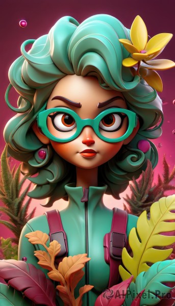 1girl,solo,looking at viewer,short hair,hair ornament,holding,brown eyes,jewelry,closed mouth,upper body,flower,earrings,green hair,glasses,artist name,hair flower,dark skin,dark-skinned female,lips,makeup,leaf,watermark,plant,lipstick,zipper,freckles,curly hair,jumpsuit