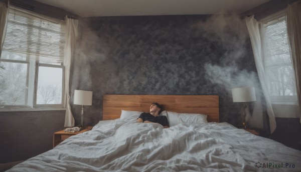 1girl,solo,short hair,shirt,black hair,long sleeves,1boy,closed eyes,male focus,lying,day,indoors,tree,pillow,window,bed,bed sheet,on bed,on side,sleeping,curtains,scenery,snow,smoke,blanket,clock,lamp,bedroom,under covers,wide shot,winter,on back,black shirt,blinds