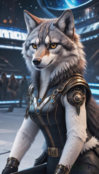 1girl,solo,breasts,looking at viewer,gloves,animal ears,jewelry,medium breasts,sitting,yellow eyes,solo focus,belt,pants,artist name,signature,fingerless gloves,necklace,blurry,bracelet,orange eyes,night,blurry background,scar,wolf ears,slit pupils,brooch,gem,genderswap,scar on face,furry,buckle,genderswap (mtf),zipper,scar across eye,furry female,body fur,leather,white fur,wolf,snout,holding,closed mouth,weapon,teeth,black gloves,moon,colored sclera,science fiction,wolf girl,planet,animal nose,single mechanical arm,grey fur