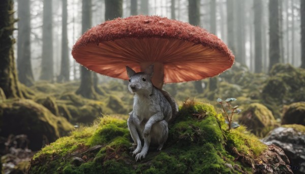 sitting,outdoors,day,blurry,tree,no humans,depth of field,blurry background,animal,umbrella,grass,plant,nature,scenery,forest,rock,mushroom,moss,solo,realistic