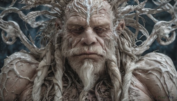 solo,looking at viewer,1boy,closed mouth,upper body,braid,white hair,male focus,blurry,muscular,blurry background,facial hair,scar,muscular male,portrait,bara,beard,veins,mature male,realistic,mustache,old,old man,wrinkled skin,long hair,grey eyes,tentacles,antlers