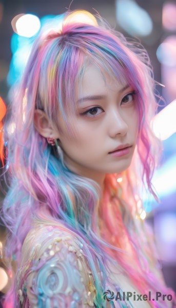 1girl,solo,long hair,looking at viewer,bangs,brown eyes,jewelry,closed mouth,blue hair,upper body,pink hair,purple hair,multicolored hair,earrings,blurry,black eyes,from side,two-tone hair,lips,tattoo,makeup,depth of field,blurry background,portrait,realistic,nose,bokeh,artist name,streaked hair,eyelashes,watermark,expressionless