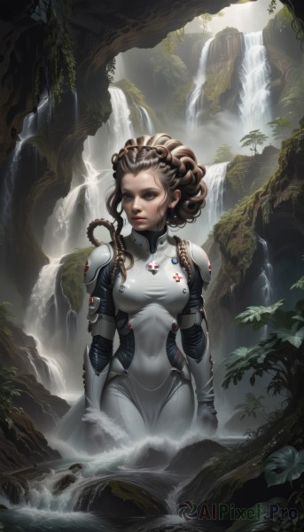 1girl,solo,long hair,breasts,looking at viewer,brown hair,gloves,brown eyes,medium breasts,braid,signature,water,armor,tree,lips,bodysuit,covered navel,makeup,watermark,plant,nature,web address,curly hair,realistic,nose,white bodysuit,waterfall,dreadlocks,short hair,blue eyes,jewelry,earrings,leaf,lipstick